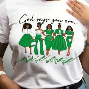 “God Says You Are” Red & White Scripture Graphic Tee for Women